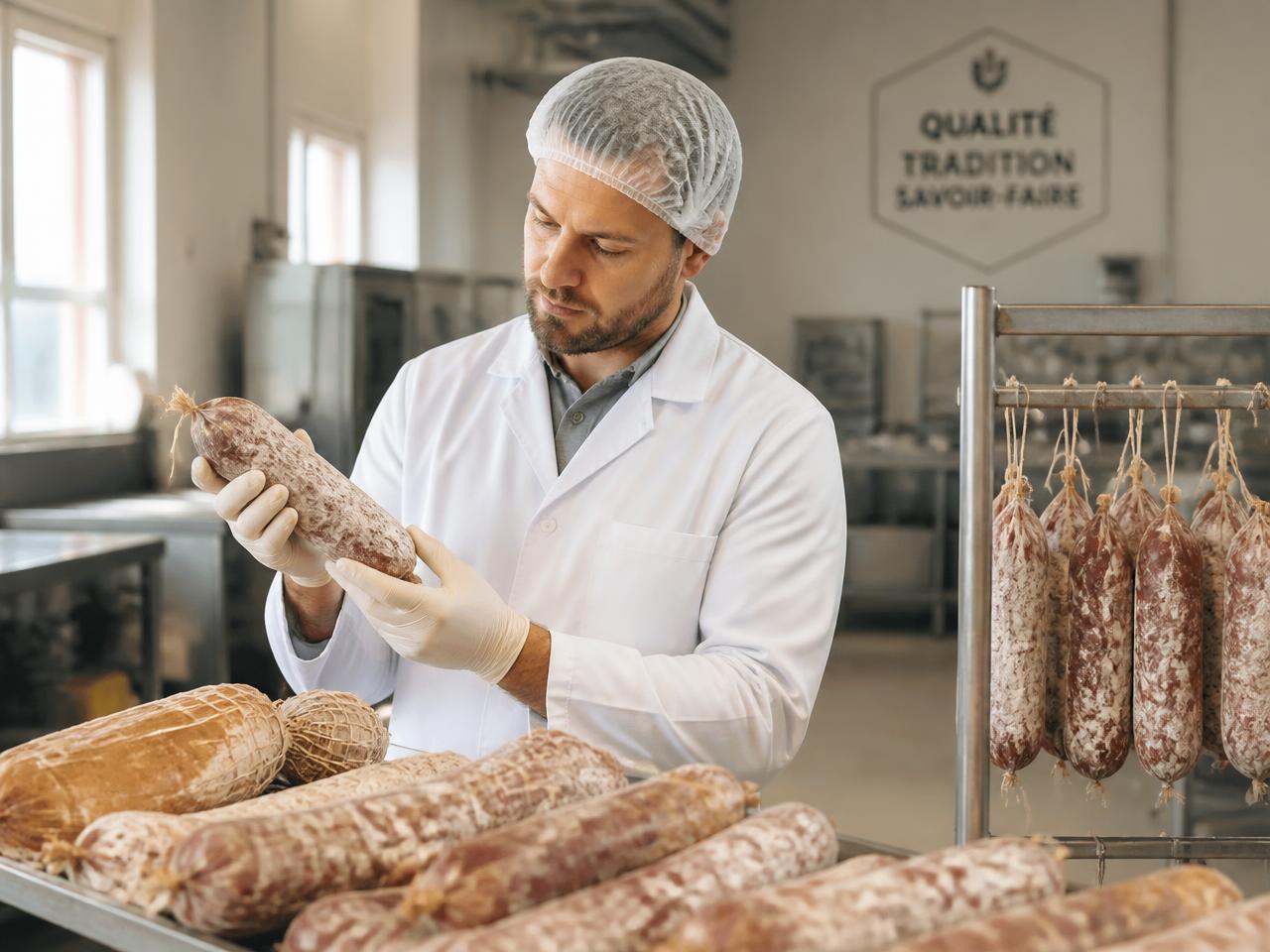 Técnico avaliando salames em indústria de embutidos